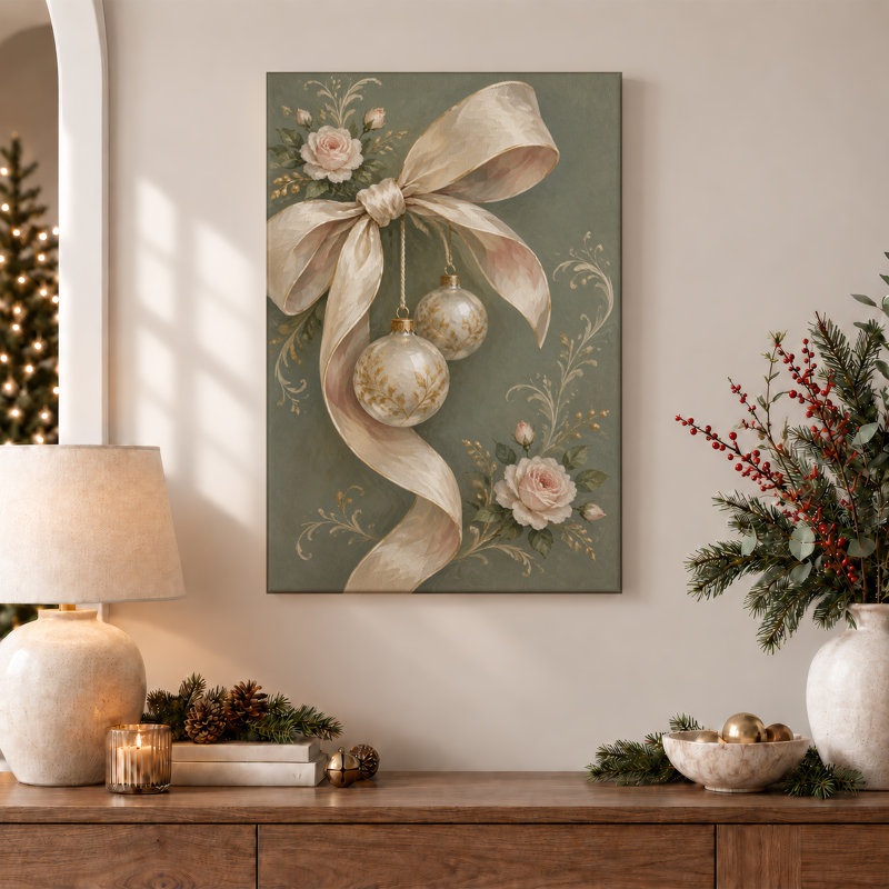 Toile de Noël crème avec rubans or et roses roses, H 24 po x l 16 po