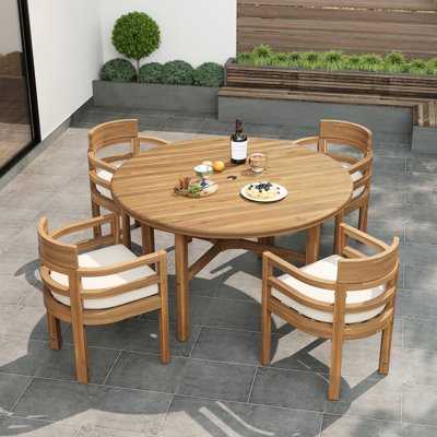 Ensemble repas 5 pièces pour l'extérieur avec table ronde, trou pour parasol et 4 chaises avec accoudoirs coussinés
