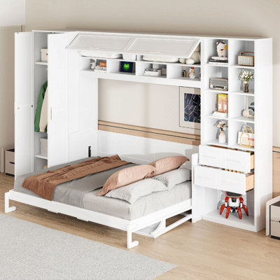 Grand lit escamotable mural avec placard, tiroirs et tablettes