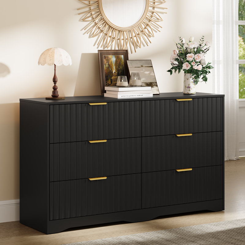 Commode 6 tiroirs cannelée en bois moderne, Noir