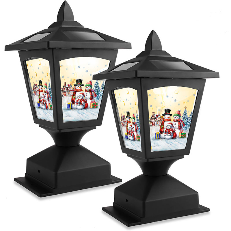  Lampadaire solaire pour l'extérieur, paquet de 2, poteaux de clôture en bois, sentier, terrasse, décoration d'Halloween / action de grâce / Noël (trois bonhommes de neige)
