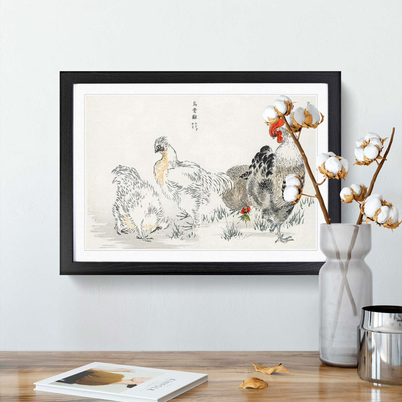 Cock and Hens by Numata Kashu - Picture Frame Painting Print, 48cm H x 65cm W x 2cm D, Black Framed