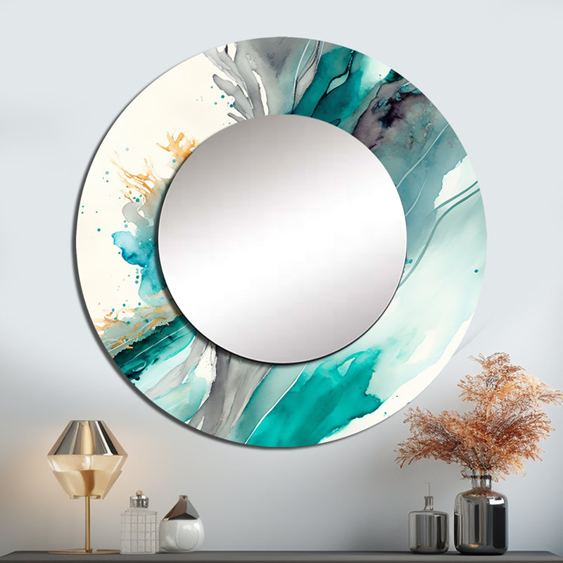 «Celebrations In Turquoise Shades Of Blue V» - miroir mural à encre liquide, miroir décoratif rond moderne, impression d'art en métal