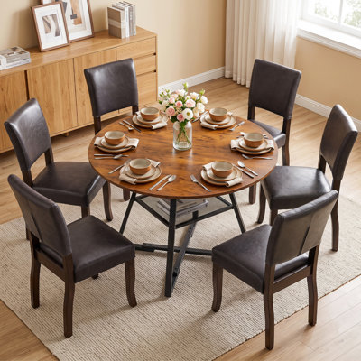 Ensemble de table de salle à manger: table de salle à manger ronde industrielle de 42 po avec pieds croisés et tablette de rangement en filet et chaises de salle à manger rembourrées en bois de style Mid-Century