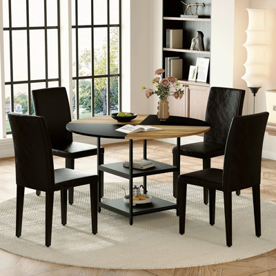 Ensemble de table et de chaises.Une table de salle à manger circulaire épissée de couleur moderne - rangement double couche.Avec des chaises de salle à manger en polyuréthane, simples et polyvalentes, confortables et accompagnées.