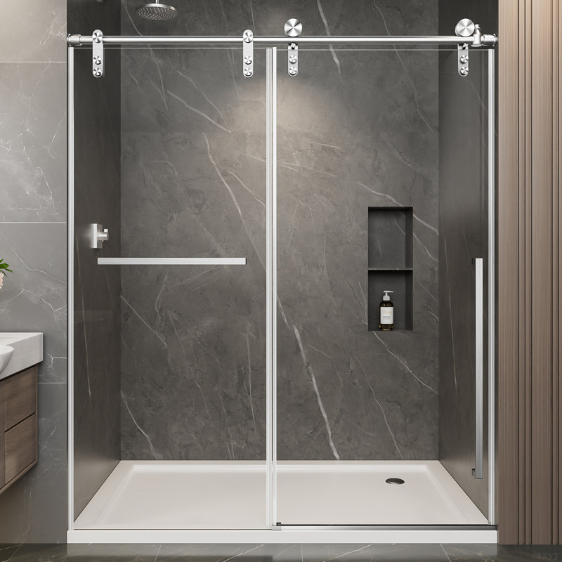 56"-60" W X 75" H Frameless Sliding Shower Door, 5/16" (8Mm) Clear Tempered Glass With Explosion-Proof Film, Brushed Nickel