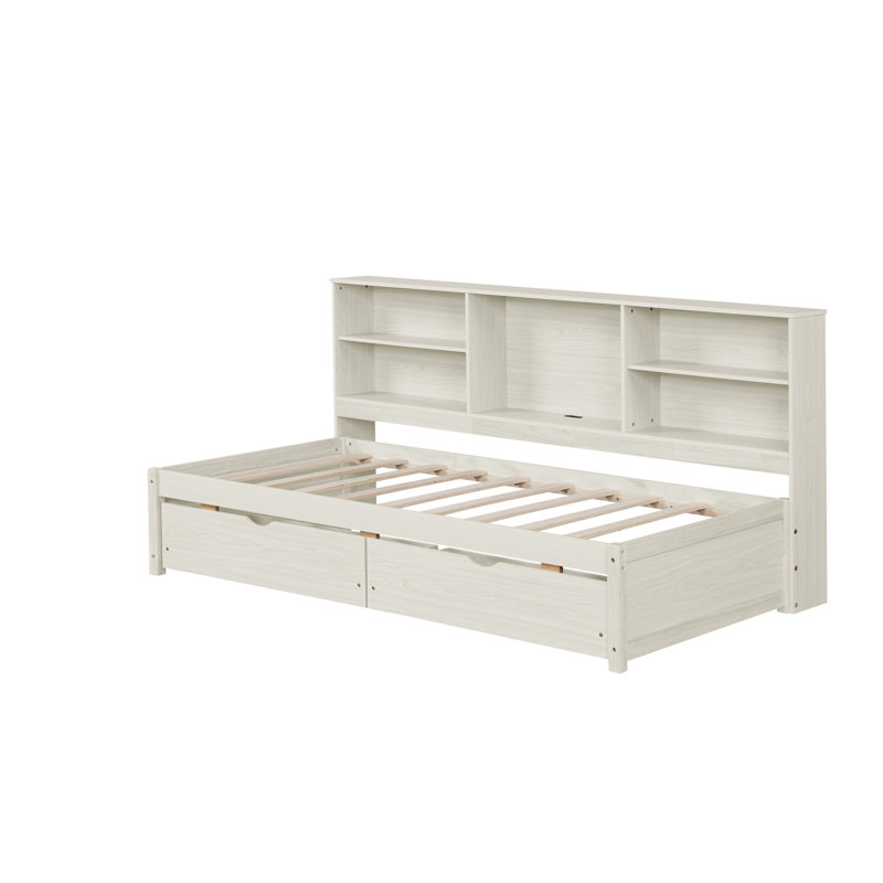 Twin Size Bed Frame With Side Bookshelves, Two Drawers, And Built-In USB Port, White