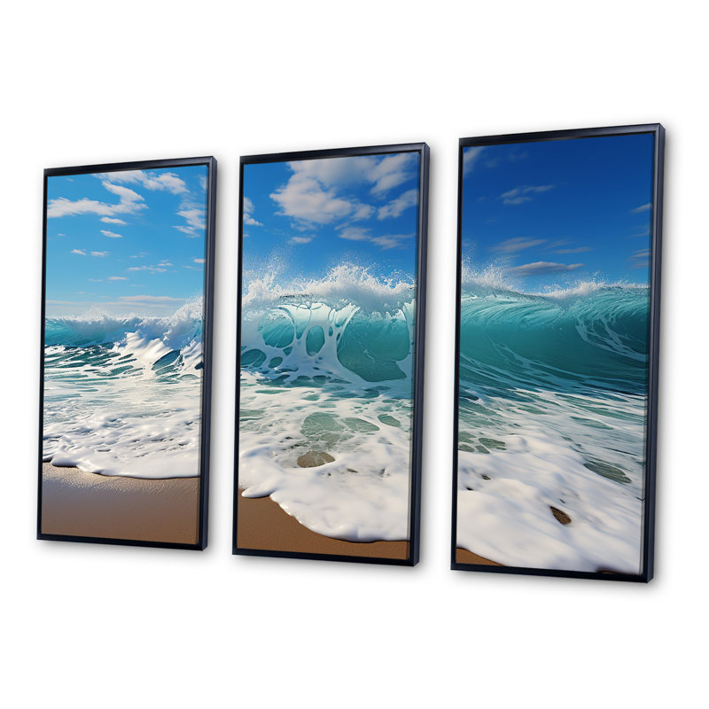 Turquoise Power of Ocean Wave - Ensemble de décoration murale bord de mer, Cadre flottant noir, H 40 po x l 60 po x P 1 po