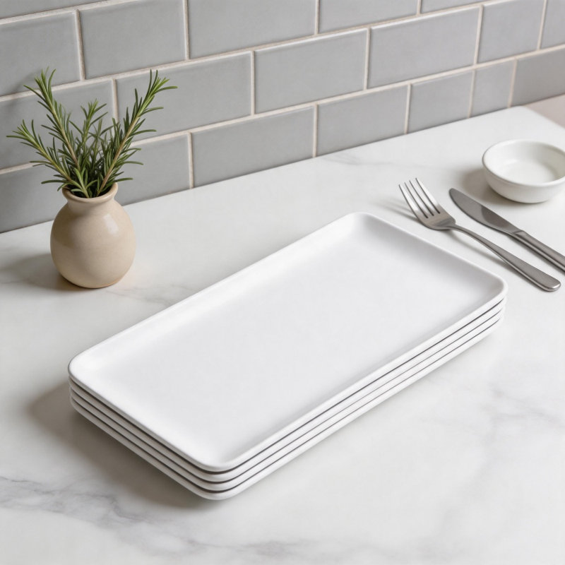 Ensemble de 4 assiettes à découper rectangulaires en mélamine blanc incassable