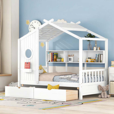 Wooden House Bed with 2 Drawers,Shelf