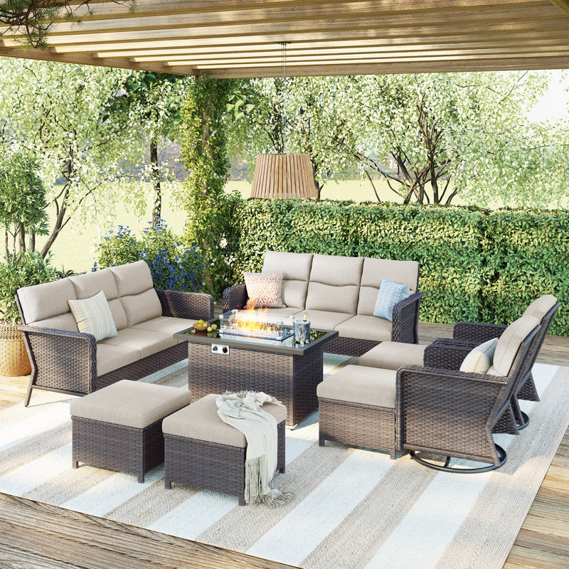 Ensemble de conversation pour chaise berçante pivotante pour 12 personnes avec table de foyer et coussins, Beige