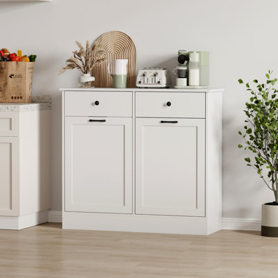 Armoire à poubelle double inclinable à l'épreuve des animaux de compagnie - Rangement autoportant en bois avec désodorisant 20 gallons - Tiroirs cachés pour la cuisine et le vestibule - Blanc