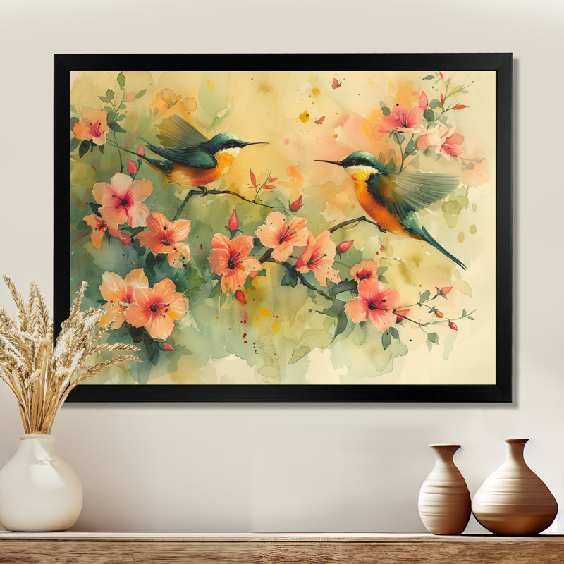 Fleurs jaunes et vertes d'Eden Birds IV - Art mural, salon, Toile encadrée noire simple, H 34 po x l 44 po x P 1,5 po