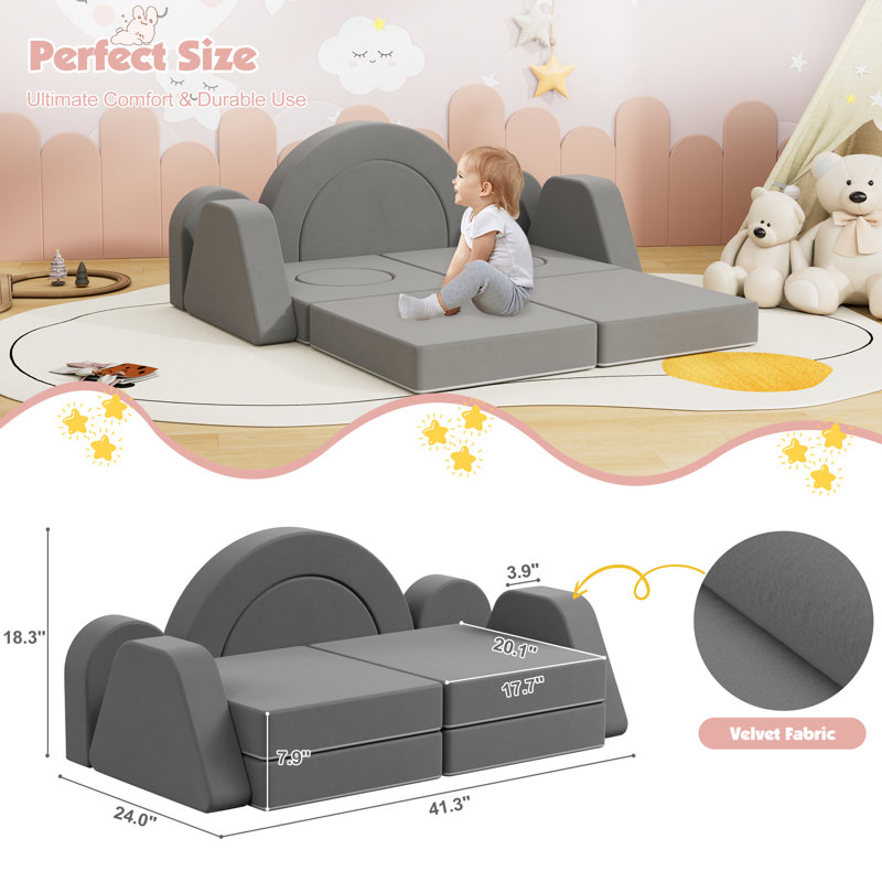 Johnson Velvet Modular Kids Play Couch, Kids Toddler Couch, Sectional Sofa, Dark Grey