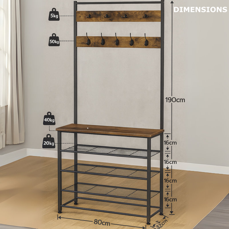 Atiim Hall Tree 80cm Wide With 5 Tier Shoe Bench