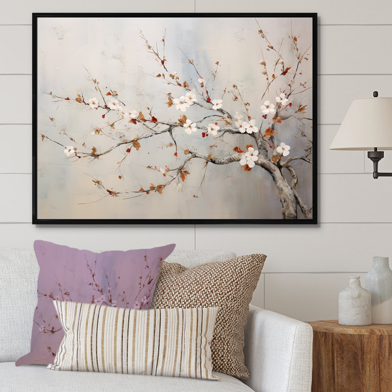 Minimalisme sur fond de cerisier beige et gris sur toile, Cadre flottant noir, H 12 po x l 20 po