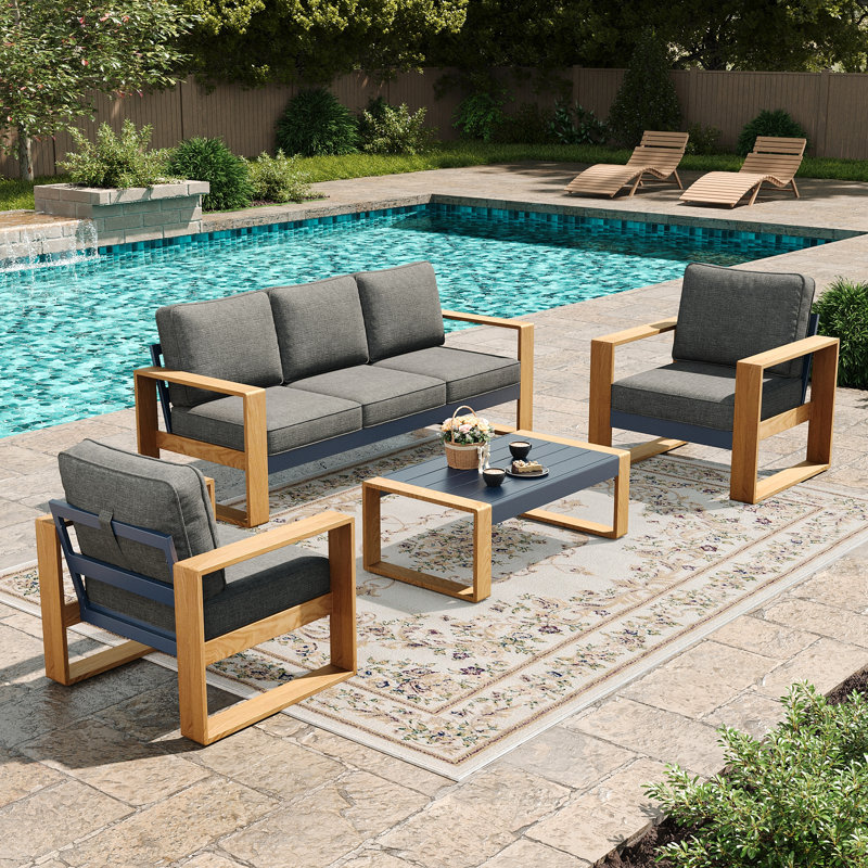 4 Pieces Aluminum Patio Furniture Set With Coffee Table, Oversized Seat With Hight Back Outdoor Conversation Sets, Dark Grey