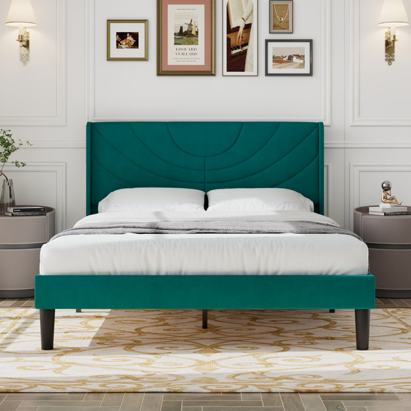 Queen Size Velvet Bed Frame with Wingback Headboard, Upholstered Platform Bed with Wing Side Channel Tufted Headboard, Solid Wooden Slats Support, No Box Spring Needed, Noise Free, Dark Green