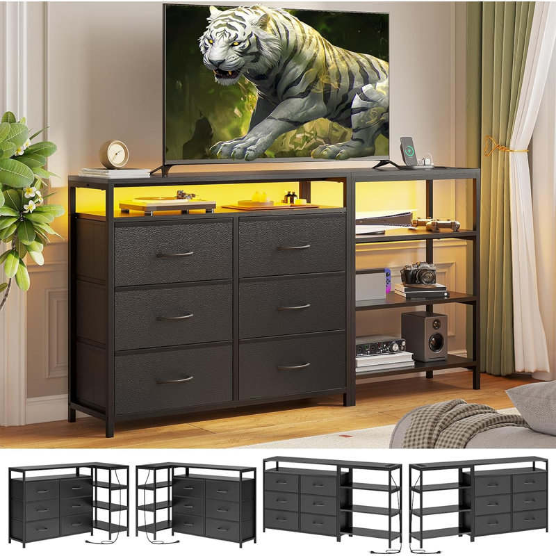 Led Tv Stand With Charging Station,convertible Dresser With Open Shelf & Pu Finish Drawers, Corner L Shaped Tv Stand Dresser For Living Room,bedroom