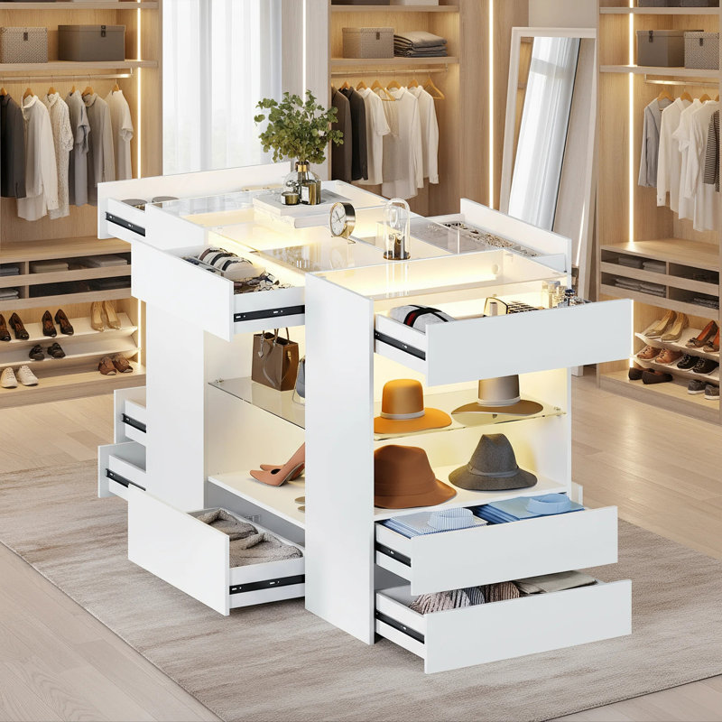 Îlot de placard moderne avec vitrine, éclairage à DEL et beaucoup de rangement, Blanc
