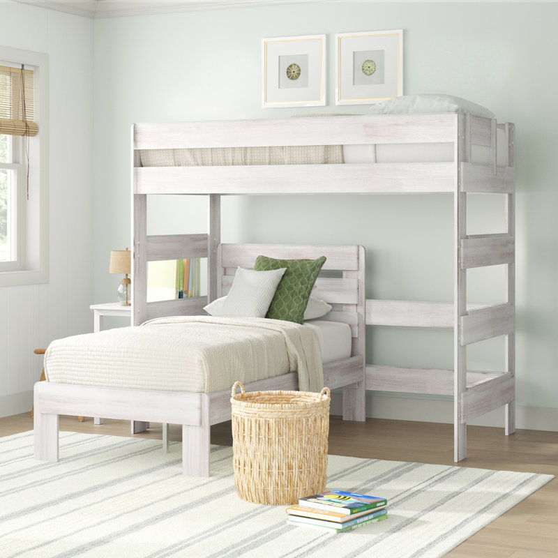  Doyle Solid Wood L-Shaped Bunk Bed with Desk, White Wash, Twin