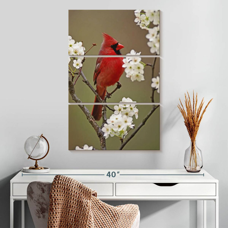 Brampt cardinal du nord et fleurs de poire, H 32 po x l 20 po