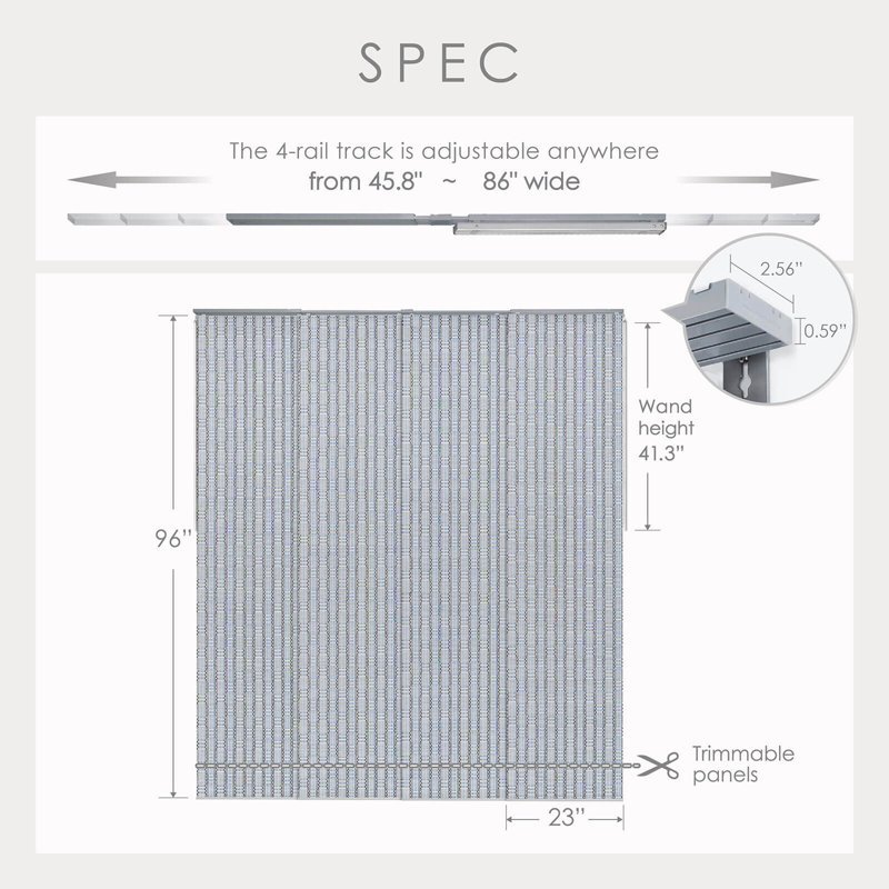 Store à panneau coulissant réglable Sharmaine pour portes de patio et séparateurs de pièce, l 45,8 po à 86 po x H 96 po, texture de tissage clairsemée, Mykonos (semi-diaphane)