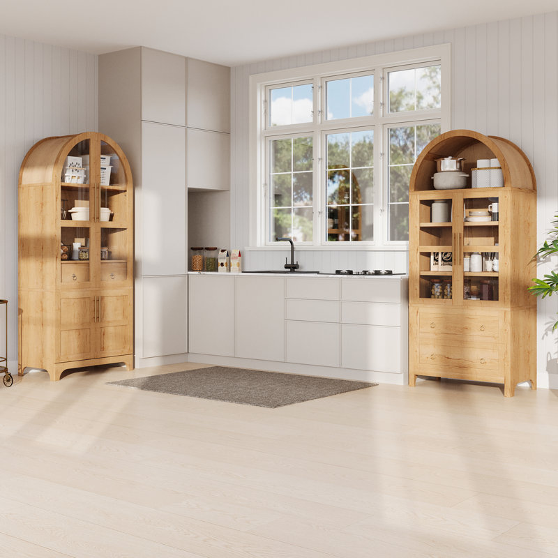 Grand garde-manger arqué 71 po avec 4 tablettes intérieures et 4 tiroirs cachés, Naturel