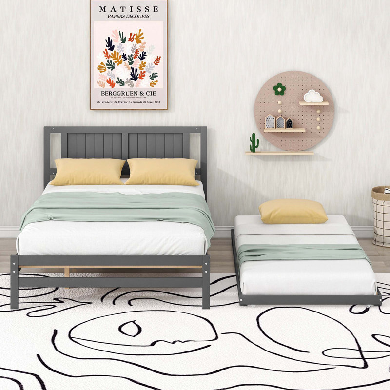 Lit plateforme double polyvalent avec lit gigogne escamotable librement réglable, gris