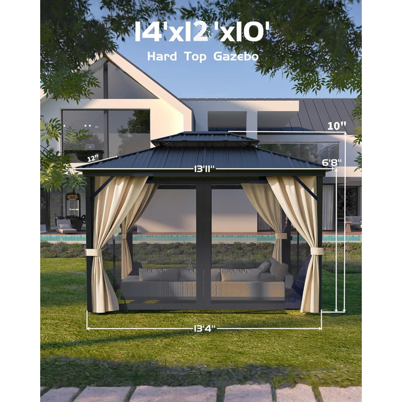 Hardtop Gazebo 12'x14' - Aluminum Frame Permanent Pavilion with Curtains and Netting, Outdoor Double Metal Roof, Heavy Duty Poles for Patio, Deck, Backyard, Lawn, Garden
