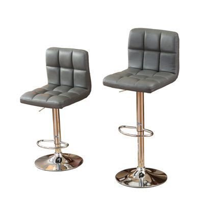 2pcs Gray Faux Leather Stools With 360 Degree Swivel, Adjustable Hydraulic Height And Base Swivel Bar Pair - Upholstery, Chromed Base, Rotation,
