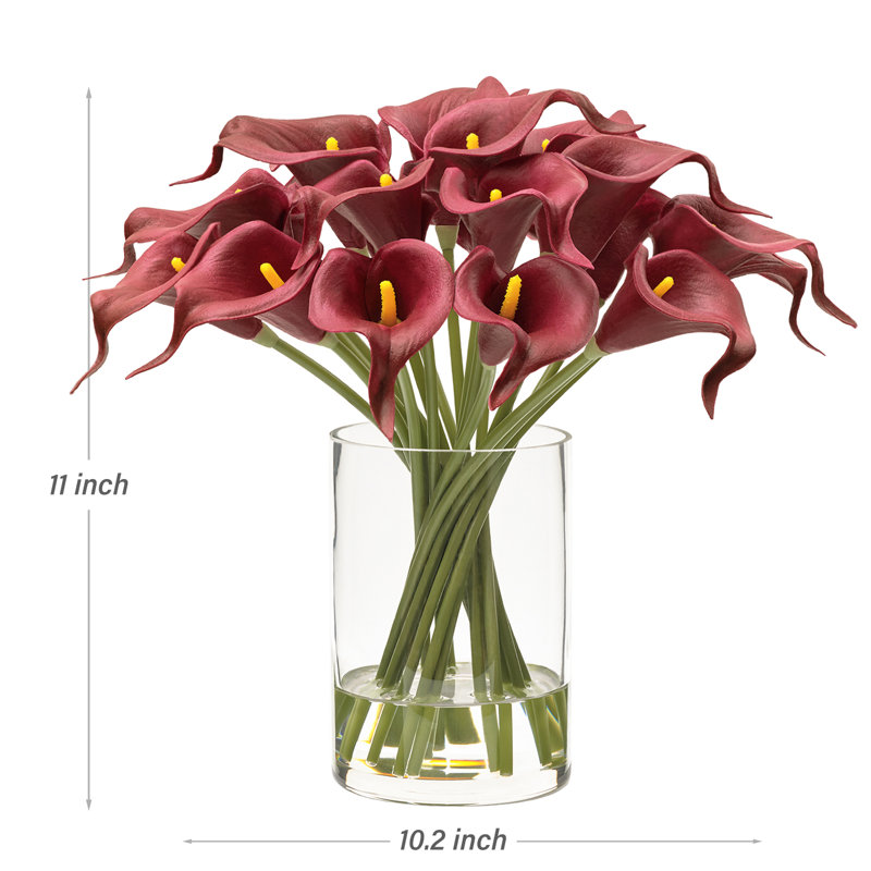 20 pièces de fleurs Callalily artificielles rouges bourgogne dans un vase en verre avec de l'eau artificielle, Rouge