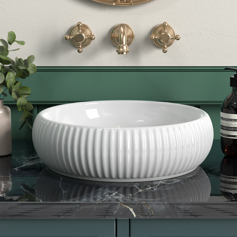 KES Round Bathroom Vessel Sink Ceramic White Bowl Sink Coutertop RV Bathroom Above Counter