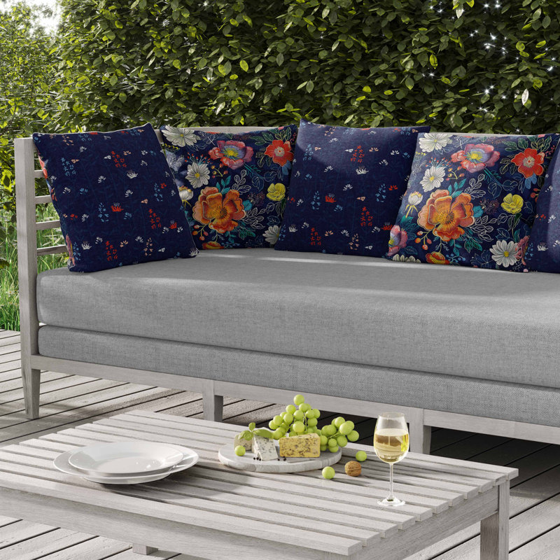 Coussin intérieur / extérieur Starlight Florals, Carré 16 po, Bleu/rose/orange