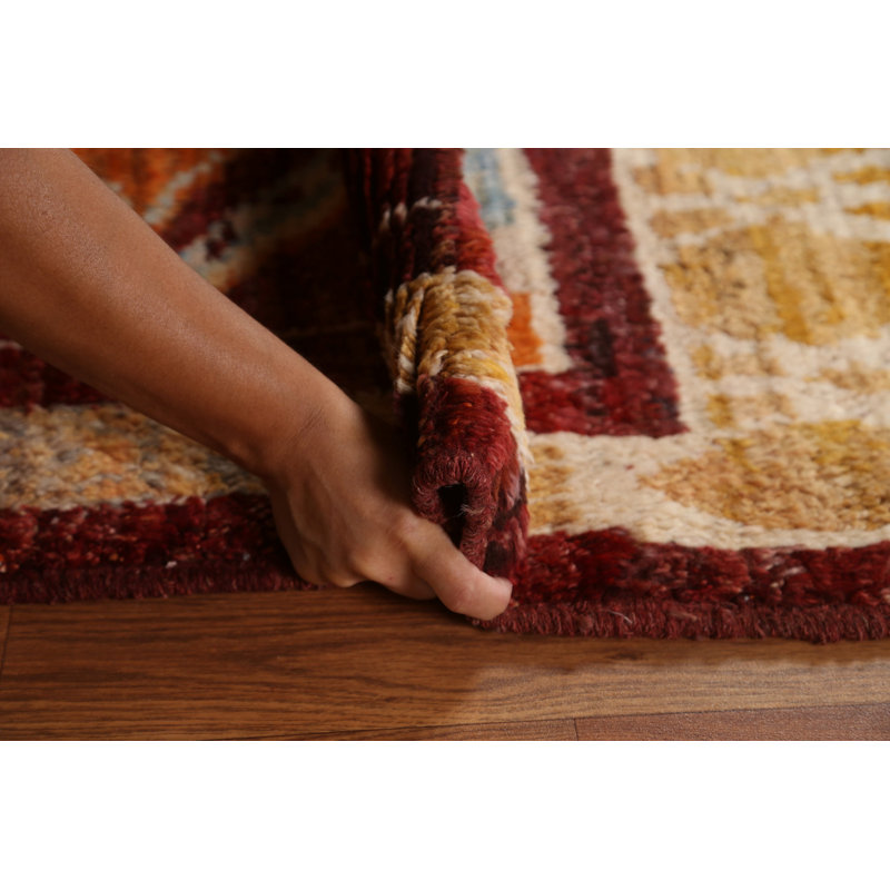 Tapis rouge / orange en laine noué à la main de conception unique 4 pi 4 po x 5 pi 9 po New Age