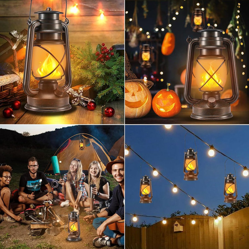 Outdoor Lantern Hanging Vintage Led Waterproof Camping Lamps With Dancing Flame Non-Solar Remote Control Light Landscape Decor For Table Patio Garden Yard Pathway Porch 2Pack (3AA Batteries Power)