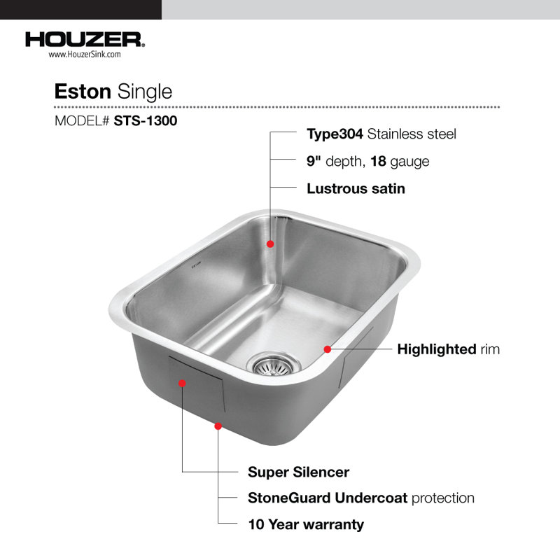 Eston Undermount Stainless Steel Single Bowl Kitchen Sink, 18 Gauge