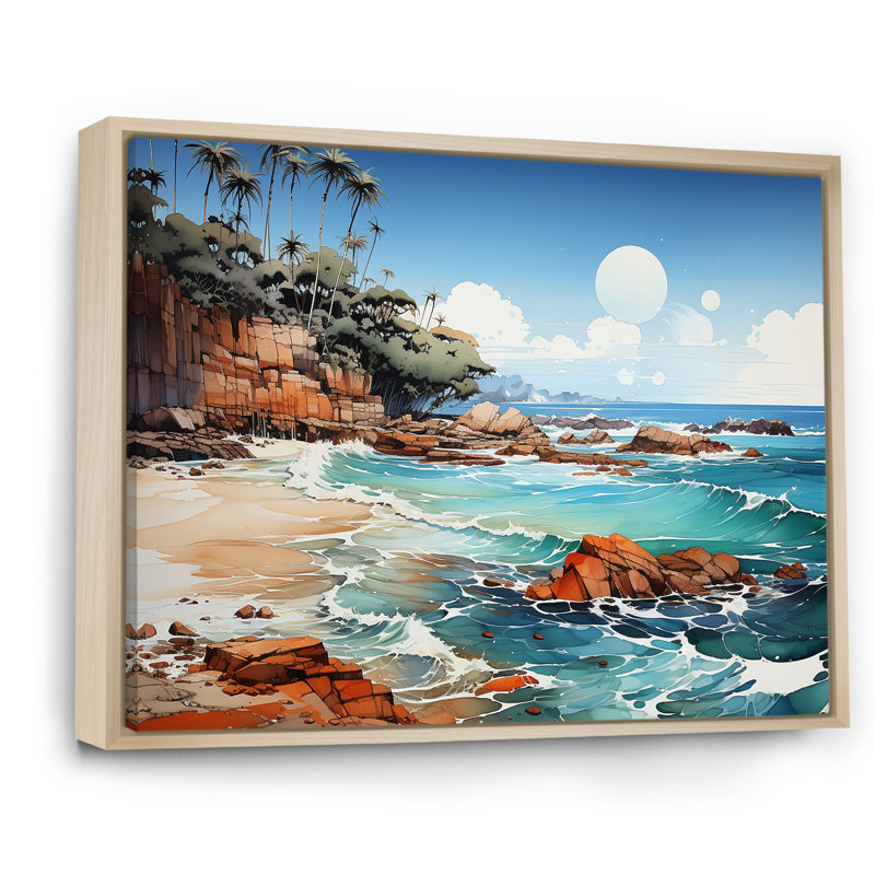 " Blue Beach Waves Fusion I ", Natural Floater Framed, 16" H x 32" W x 1" D