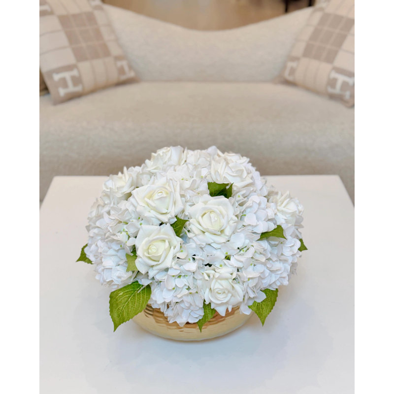 19 Inch Real Touch Cream Rose and White Hydrangea Centerpiece in Gold Hammered Metal Bowl Vase, Large French Country Faux Floral Arrangement for Dining Table and Coffee Table