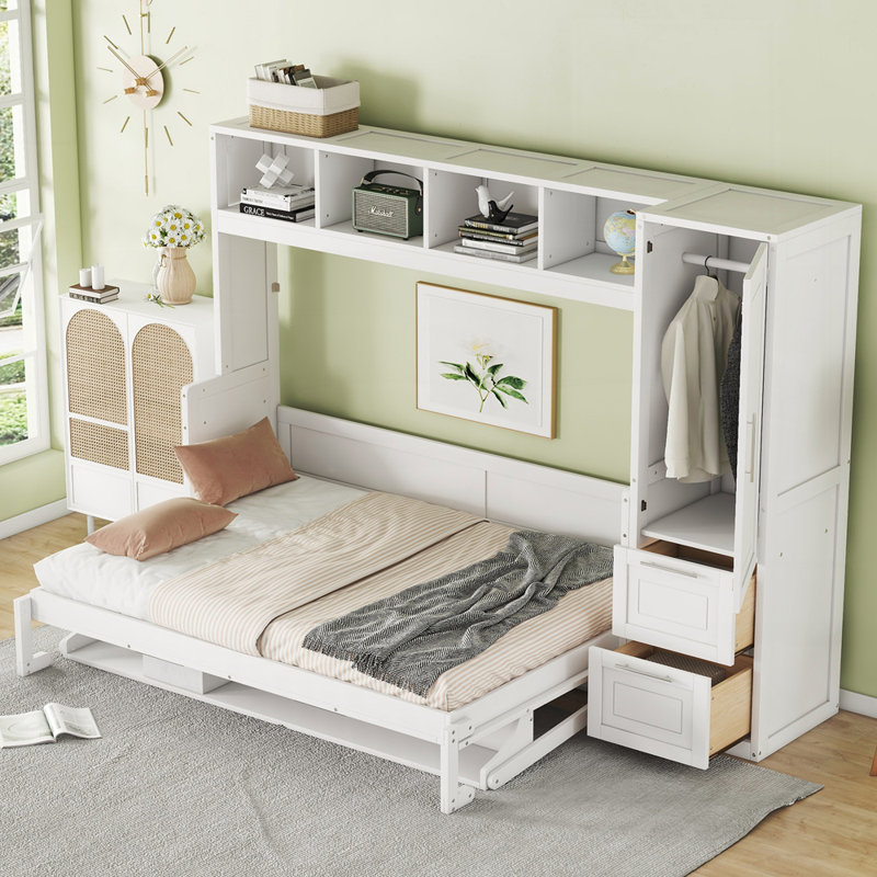 Lit escamotable peu encombrant avec rangement intégré et configuration personnalisable, parfait pour la vie moderne, Blanc