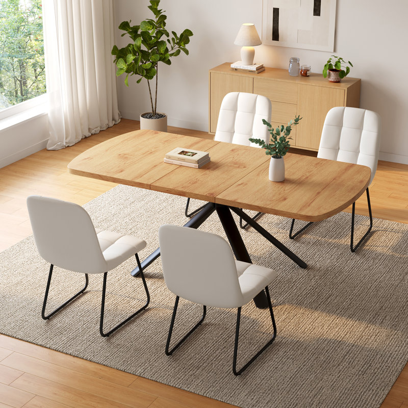 Costner 5 Piece Retangular Dining Set, Oak Finish Table And Upholstered Chairs, 5 Pieces: Table, 4 Chairs, White