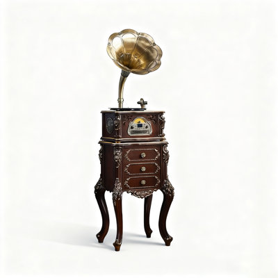 Retro European Solid Wood Gramophone - Copper Horn, Cd/Vinyl Player With Drawers