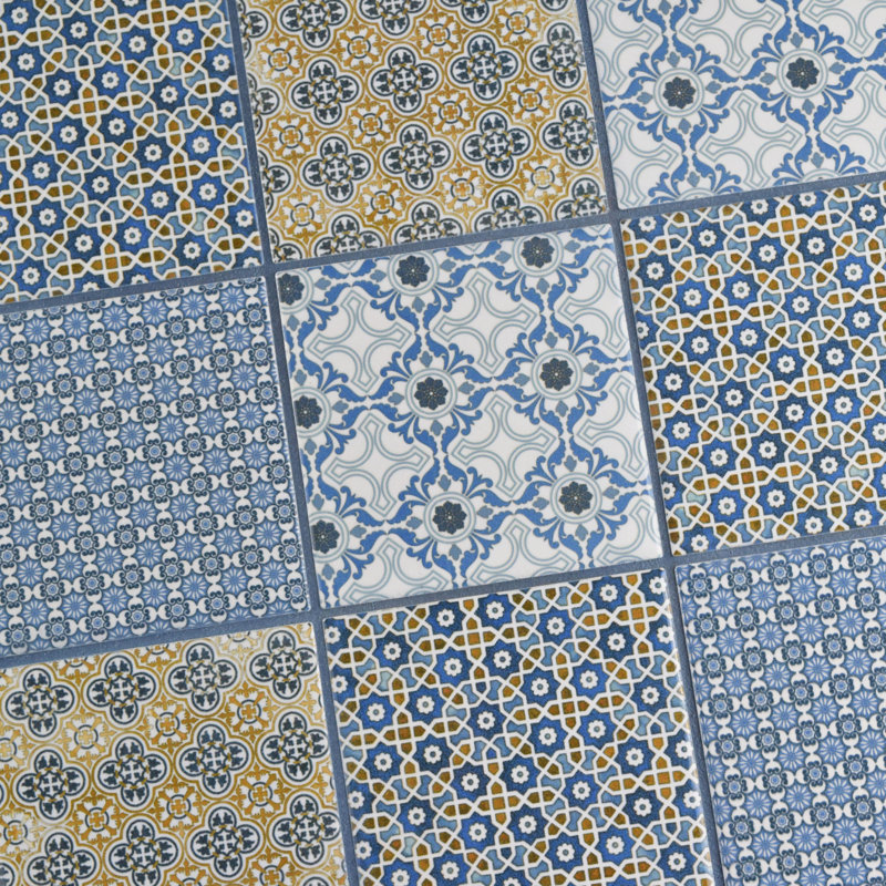 Classico 4" x 4" Porcelain Grid Mosaic Wall & Floor Tile, Blue/Gold