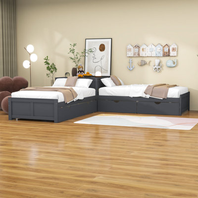 L-Shaped 2 Drawers Twin Size Platform Beds With Twin Size Trundle