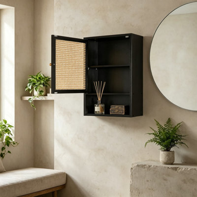 Armoire de salle de bain en bambou avec portes en rotin, tablette réglable, rangement mural pour salle de bain, cuisine, salle de lavage, noir