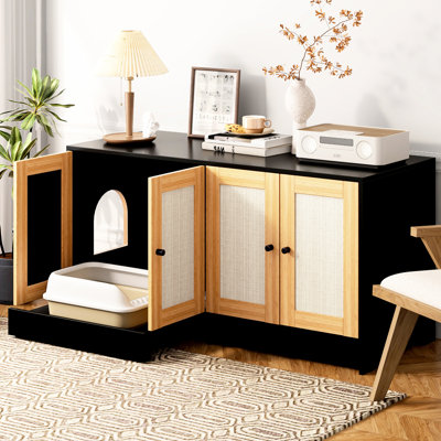 Double Cat Litter Box Enclosure, Hidden Furniture With , 47" L X 19.8" W 21.8" H, Black, Scratching Board Door Panel, Hygienic And Efficient Cleaning Instruments Enclosure For Cats, Doors,