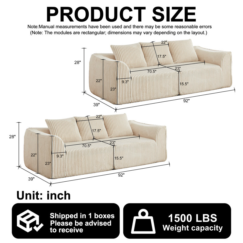 Ensemble de canapé Minimalist 3 + 3 places en velours côtelé avec lignes courbes et dossier légèrement incliné, livré avec 6 coussins décoratifs en forme de corne beige