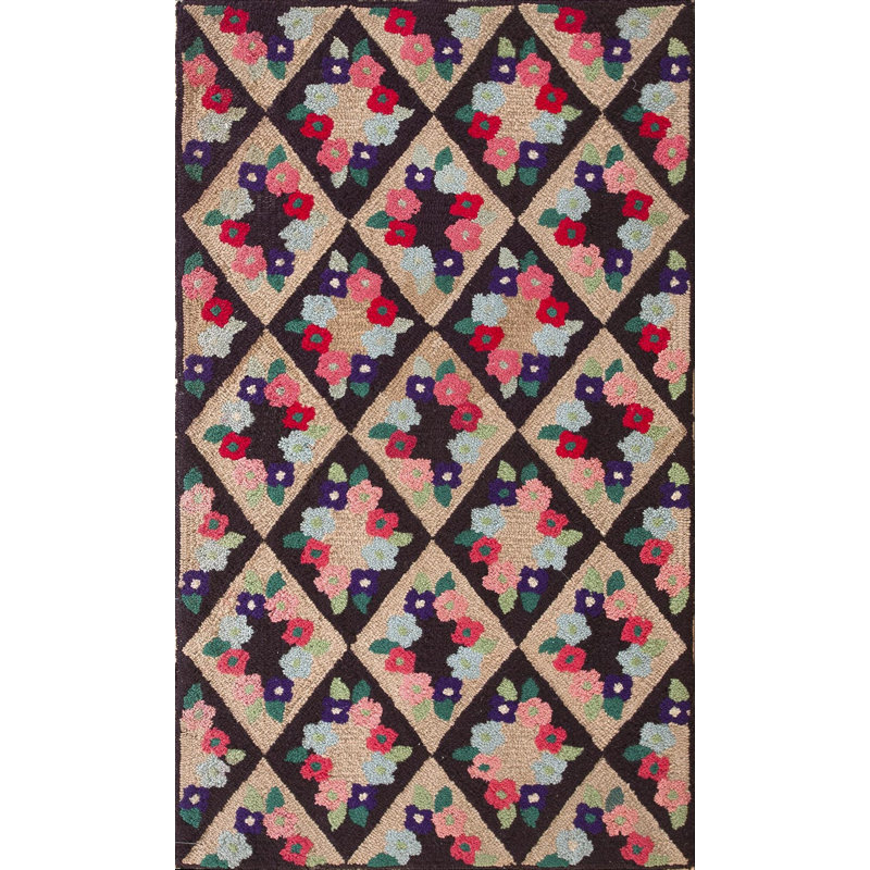 Small Scatter Size American Hooked Multicolor Wool 1930s Antique Rug