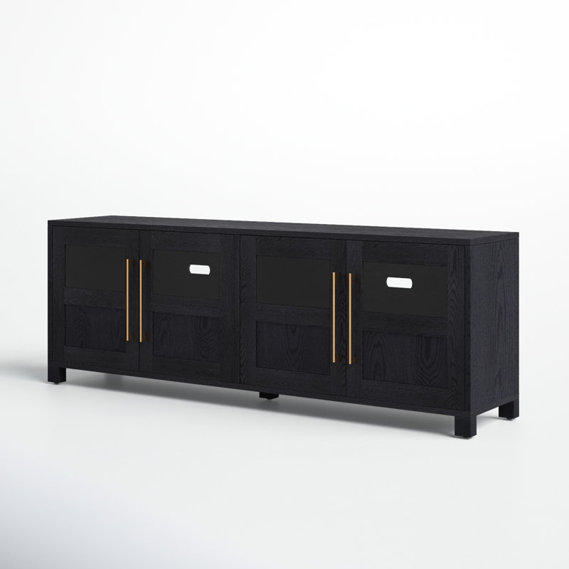 Holbrook TV Stand for TVs up to 75" in Black Grain with Glass Doors, Storage & Cable Management — Contemporary Media Console with Brass Hardware for Living Room 