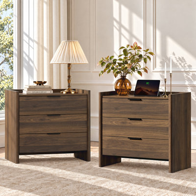 27.6" Wide 3-Drawer Nightstand with Hidden Charging Station for Bedroom or Living Room (Set of 2)